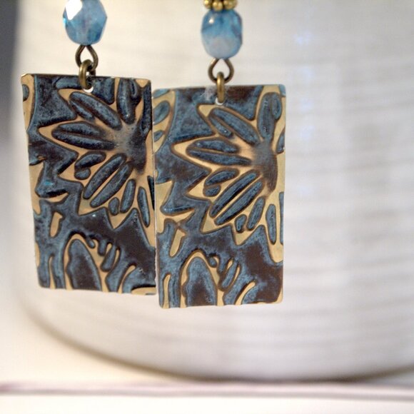 Brass Hand Embossed Earrings Blue Czech Glass Earrings Patina Brass Earrings - Picture 6 of 9